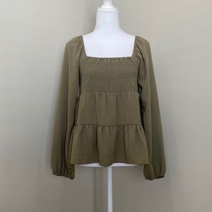 Olive Green, Long-Sleeved Peasant Top